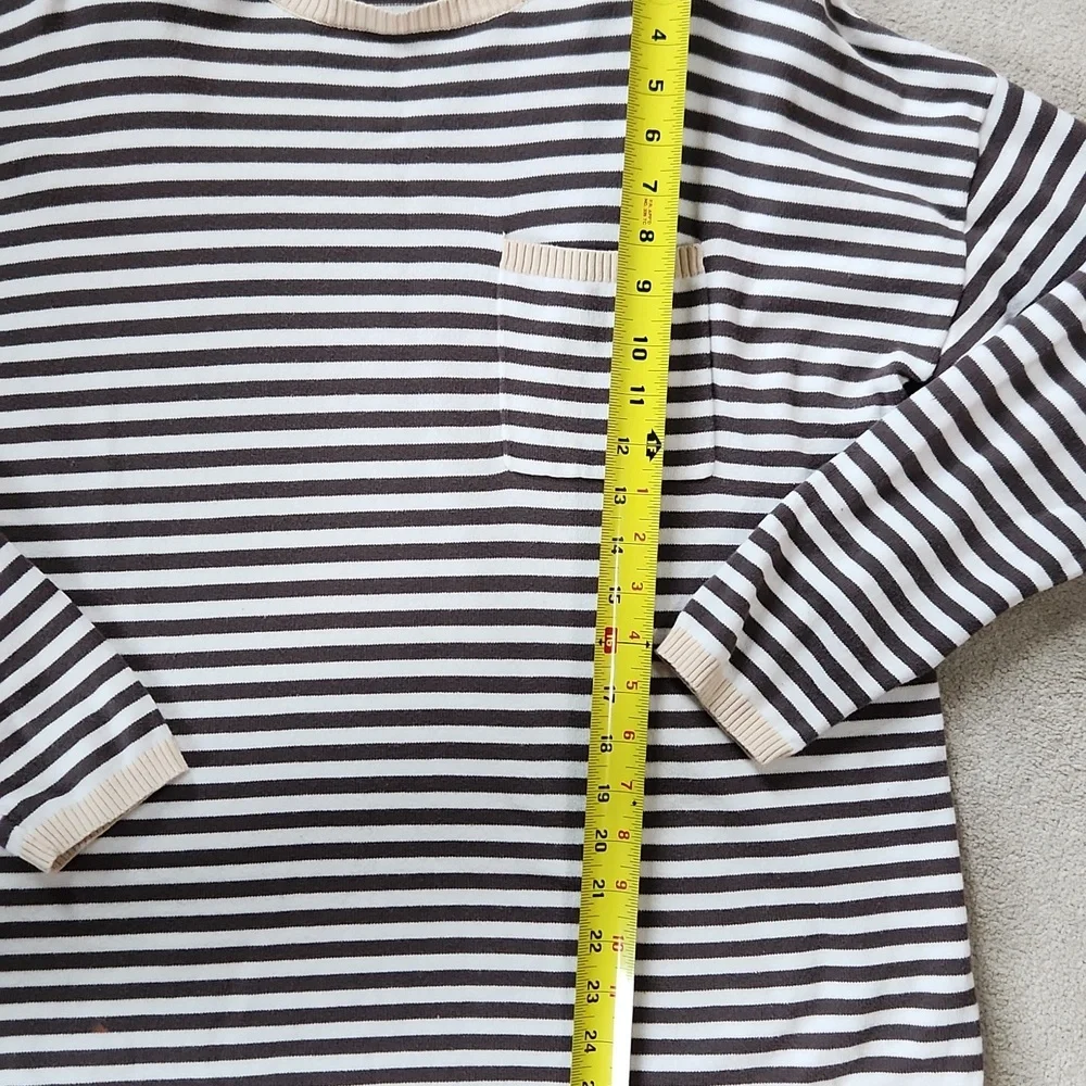 Lighter Weight 100% Cotton Sweater Dark Gray and White Stripe Tan border - Large